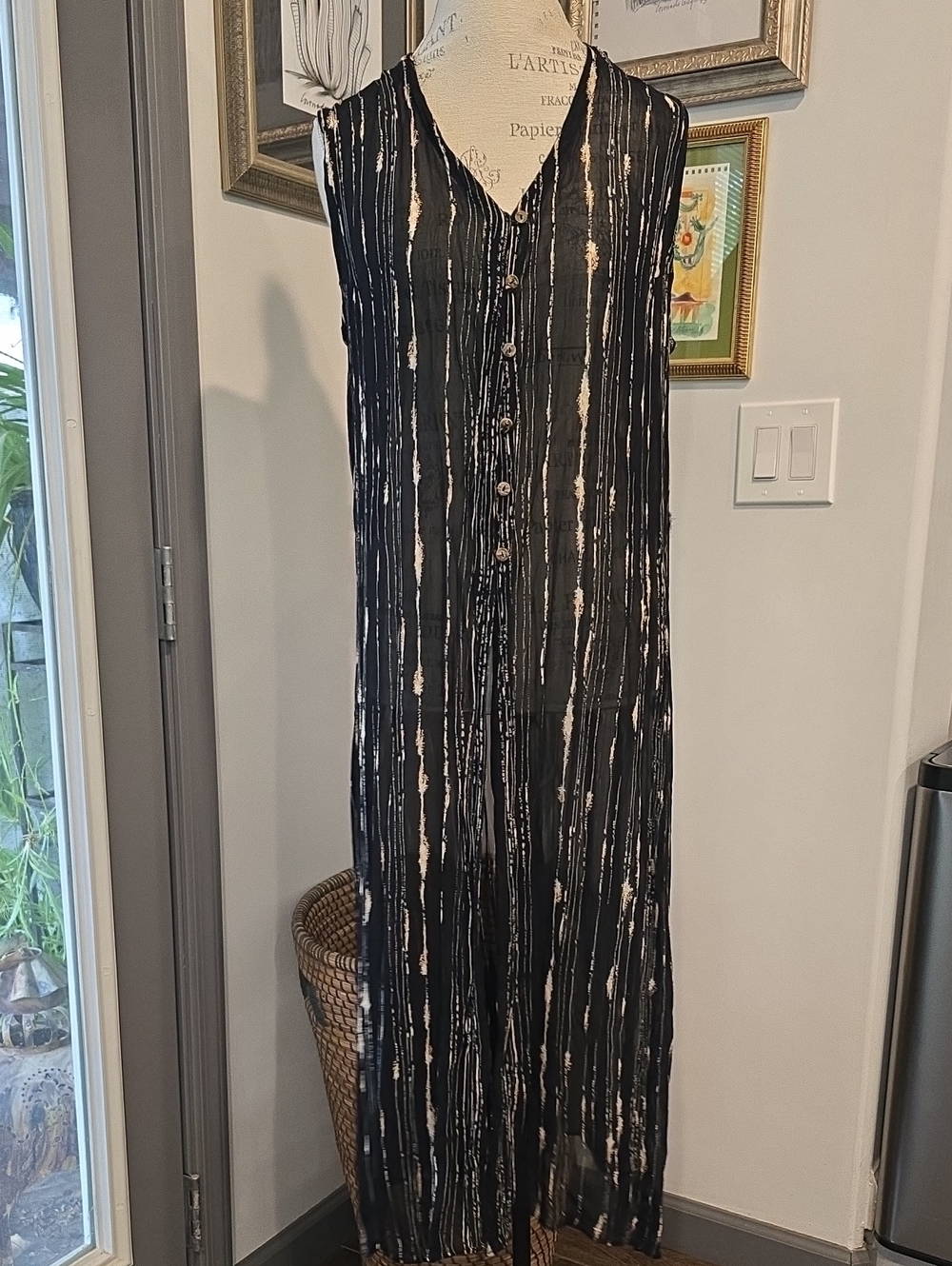 lola P. Black and Tan Striped Button-Front Long See Thru Vest